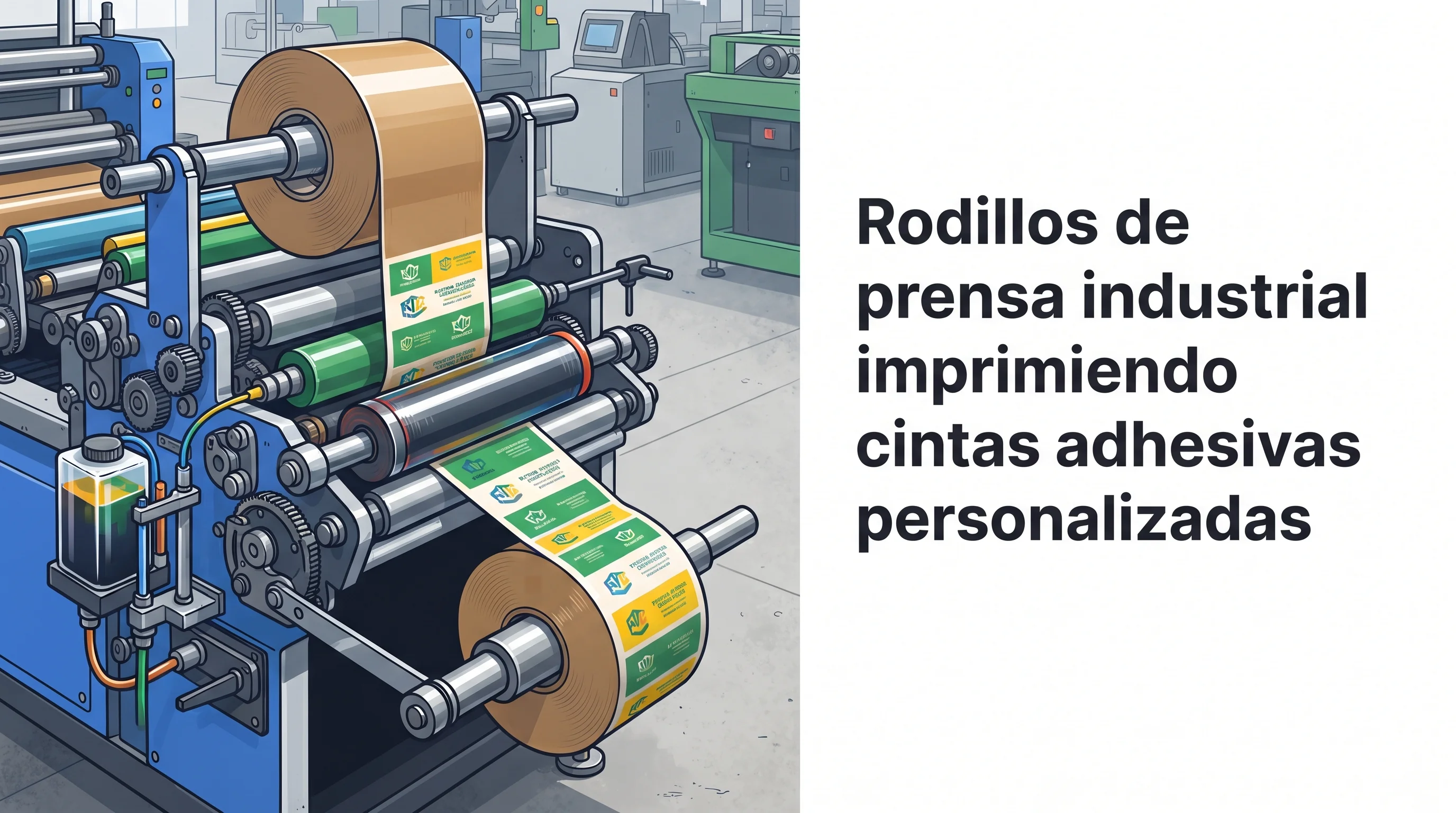 Rodillos de prensa industrial imprimiendo cintas adhesivas personalizadas