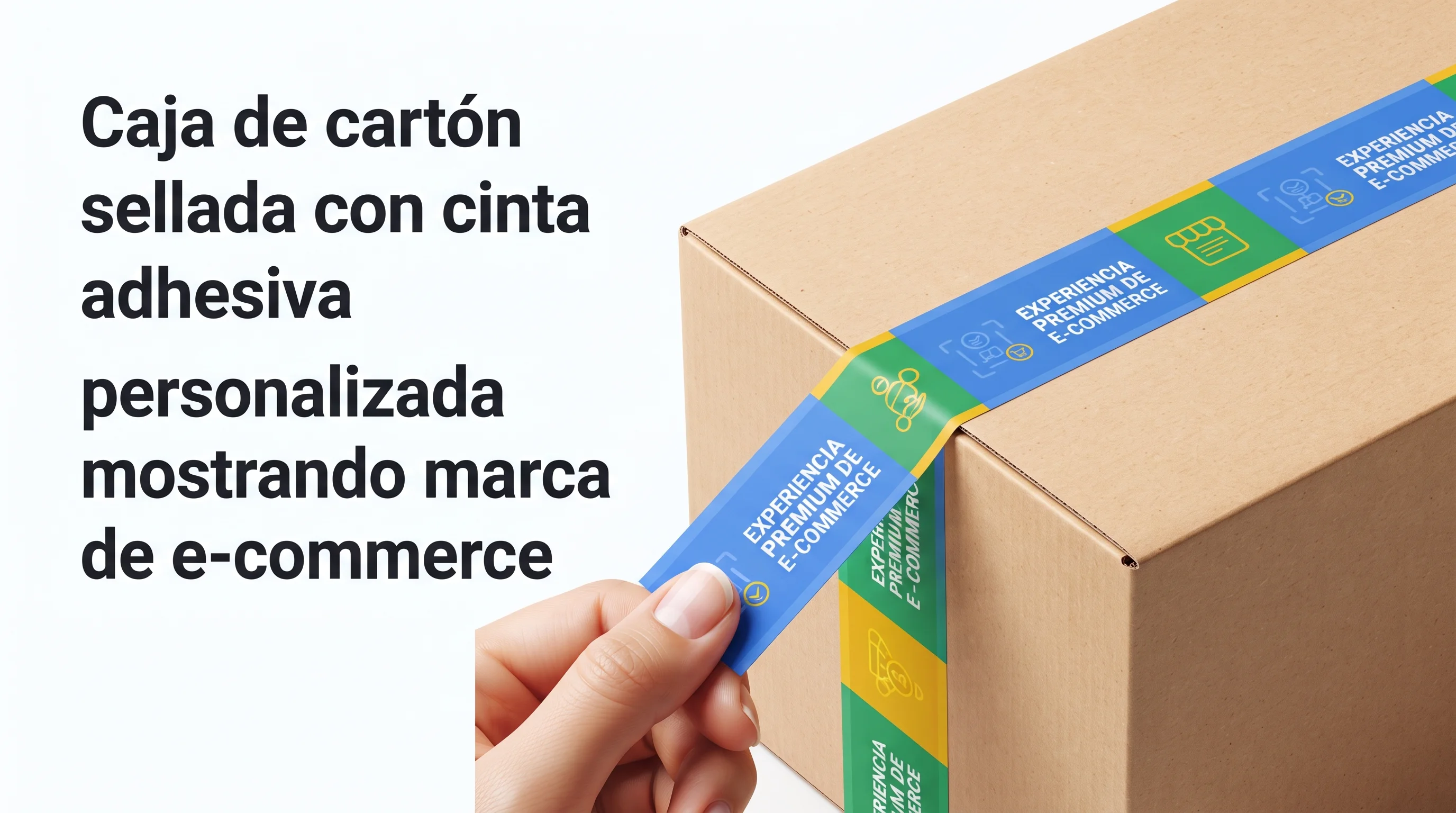 Caja de cartón sellada con cinta adhesiva personalizada mostrando marca de e-commerce